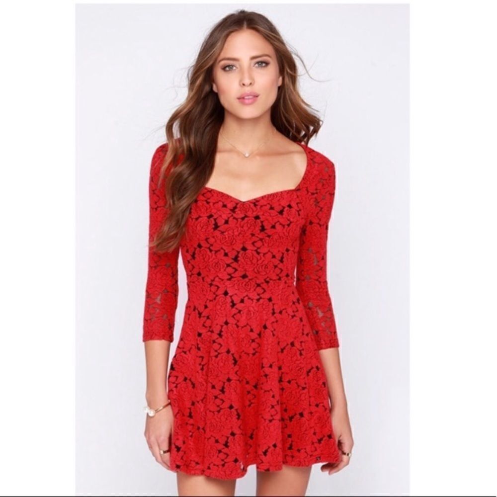 Mink Pink- Mini Dress Red Black And Red Rose Jacquard Dress